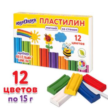 Пластилин мягкий ЮНЛАНДИЯ "ВЕСЕЛЫЙ ШМЕЛЬ", 12 цветов, 180 г, СО СТЕКОМ, 106672 - Премиум Сервис