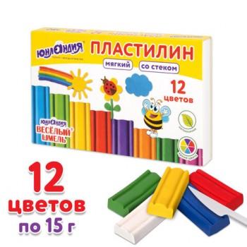 Пластилин мягкий ЮНЛАНДИЯ "ВЕСЕЛЫЙ ШМЕЛЬ", 12 цветов, 180 г, СО СТЕКОМ, 106672 - Премиум Сервис