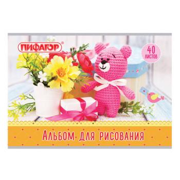 Альбом для рисования А4, 40 л., скоба, обложка офсет, ПИФАГОР, 205х290 мм, "Медвежонок и цветы" (1 вид), 105083 - Премиум Сервис