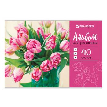 Альбом для рисования А4 40 листов, скоба, обложка картон, BRAUBERG, 202х285 мм, "Тюльпаны" (1 вид), 105088 - Премиум Сервис