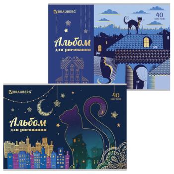 Альбом для рисования А4, 40 листов, скоба, тиснение фольгой, BRAUBERG, 202х285 мм, "Кошечки" (2 вида), 105102 - Премиум Сервис