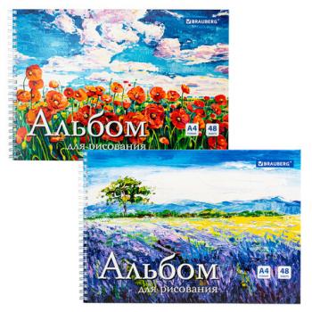 Альбом для рисования, А4, 48 л., гребень, обложка картон, BRAUBERG, 205х290 мм, "Летний пейзаж" (2 вида), 106328 - Премиум Сервис