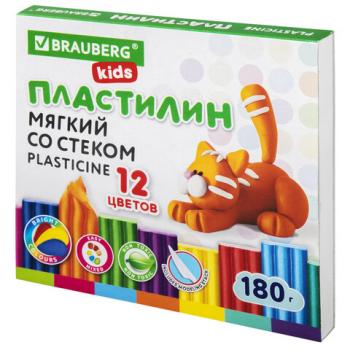 Пластилин мягкий восковой BRAUBERG KIDS, 12 цветов, 180 г, со стеком, 106495 - Премиум Сервис
