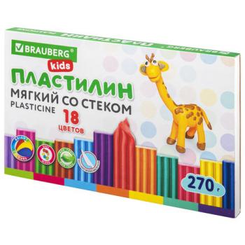 Пластилин мягкий восковой BRAUBERG KIDS, 18 цветов, 270 г, со стеком, 106497 - Премиум Сервис