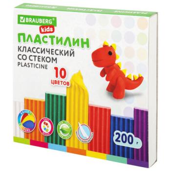 Пластилин классический BRAUBERG KIDS, 10 цветов, 200 г, со стеком, 106504 - Премиум Сервис