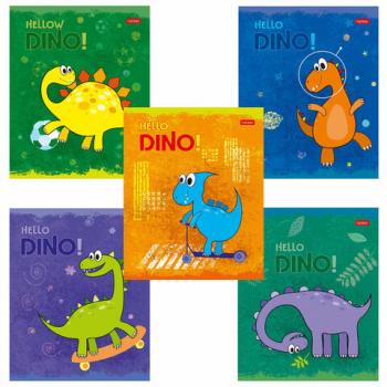 Тетрадь 12 л. HATBER клетка, обложка картон, тиснение, "Hello Dino" (5 видов в спайке), 12Т5тВ1 - Премиум Сервис