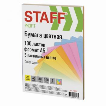Бумага цветная STAFF "Profit" МАЛОГО ФОРМАТА (148х210 мм), А5, 80 г/м2, 100 л. (5цв. х 20 л.), цветная пастель, для офиса и дома, 110891 - Премиум Сервис