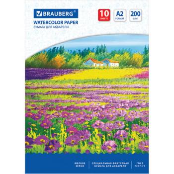 Бумага для акварели БОЛЬШАЯ А2, 10 л., 200 г/м2, 400х590 мм, BRAUBERG, "Луг", 111062 - Премиум Сервис