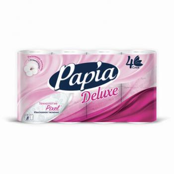 Бумага туалетная бытовая, спайка 8 шт., 4-слойная (8х16 м), PAPIA DELUXE, белая, 5062173 - Премиум Сервис