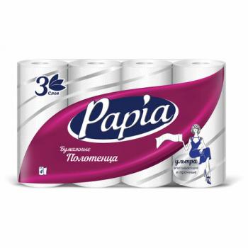 Полотенца бумажные бытовые, спайка 4 шт., 3-слойные (4х11,2 м), PAPIA, 23x13 см, белые, 5062170 - Премиум Сервис