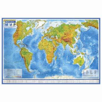 Карта мира физическая 101х66 см, 1:29М, с ламинацией, интерактивная, в тубусе, BRAUBERG, 112378 - Премиум Сервис