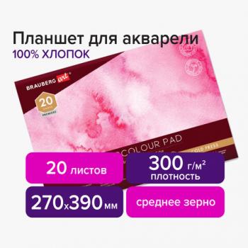 Планшет для акварели ХЛОПОК 100%, 300 г, 270х390 мм, склейка, 4 стороны, среднее зерно, 20 л., BRAUBERG ART, 113242 - Премиум Сервис
