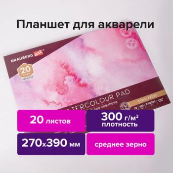 Папка для акварели/планшет, 300 г/м2, 270х390 мм, склейка, среднее зерно, 20 л., BRAUBERG ART PREMIERE, 113248 - Премиум Сервис