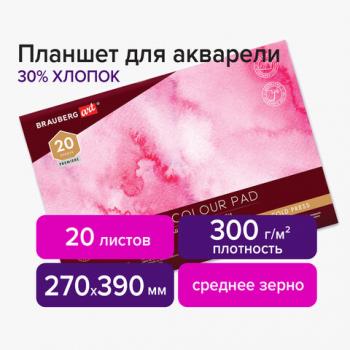 Планшет для акварели ХЛОПОК 30%, 300 г, 270х390 мм, склейка, 4 стороны, среднее зерно, 20 л., BRAUBERG ART, 113252 - Премиум Сервис