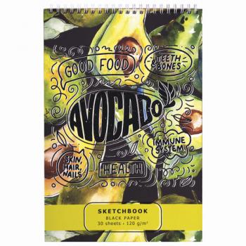 Скетчбук, черная бумага 120 г/м2, 195х300 мм, 30 л., гребень, SoftTouch, выборочный лак, "Авокадо", 97644 - Премиум Сервис