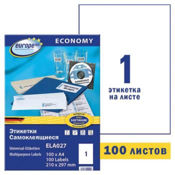 Этикетка самоклеящаяся 210х297 мм, 1 этикетка, белая, 70 г/м2, 100 л., Avery, Европа-100, ELA027 - Премиум Сервис