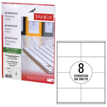 Этикетка самоклеящаяся 105х74,2 мм, 8 этикеток, белая, 70 г/м2, 50 листов, TANEX, сырье Финляндия, 114531, TW-2374 - Премиум Сервис