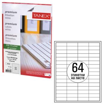 Этикетка самоклеящаяся 48,5х16,9 мм, 64 этикетки, белая 70 г/м2, 50 листов, TANEX, сырье Финляндия, 114541, TW-2564 - Премиум Сервис