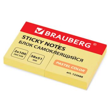 Блок самоклеящийся (стикеры) BRAUBERG, ПАСТЕЛЬНЫЙ, 38х51 мм, 100 листов, КОМПЛЕКТ 2 штуки, желтый, 122688 - Премиум Сервис