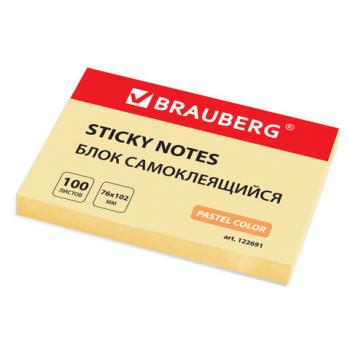 Блок самоклеящийся (стикеры) BRAUBERG, ПАСТЕЛЬНЫЙ, 76х102 мм, 100 листов, желтый, 122691 - Премиум Сервис