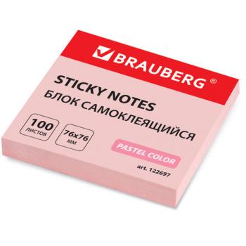Блок самоклеящийся (стикеры) BRAUBERG, ПАСТЕЛЬНЫЙ, 76х76 мм, 100 листов, розовый, 122697 - Премиум Сервис