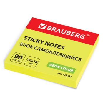 Блок самоклеящийся (стикеры), BRAUBERG, НЕОНОВЫЙ, 76х76 мм, 90 листов, желтый, 122702 - Премиум Сервис