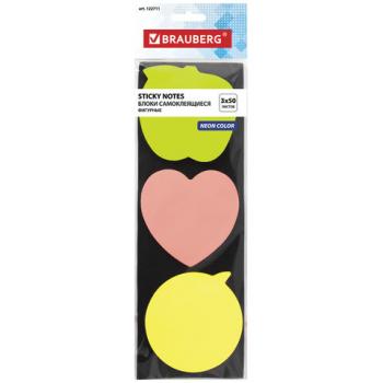 Блок самоклеящийся (стикеры), фигурный BRAUBERG, НЕОНОВЫЙ "Ассорти", 3 цвета х 50 листов, европодвес, 122711 - Премиум Сервис