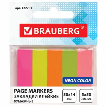 Закладки клейкие BRAUBERG НЕОНОВЫЕ бумажные, 50х14 мм, 5 цветов х 50 листов, европодвес, 122731 - Премиум Сервис