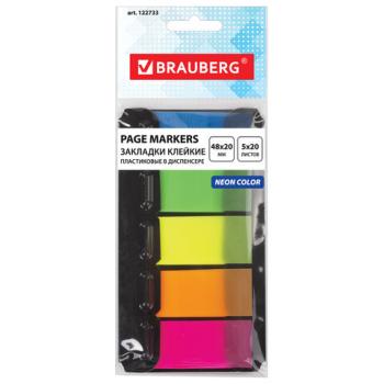 Закладки клейкие BRAUBERG НЕОНОВЫЕ пластиковые, 48х20 мм, 5 цветов х 20 листов, в диспенсере, 122733 - Премиум Сервис