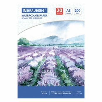 Бумага для акварели БОЛЬШАЯ А3, 20 л., 200 г/м2, 297х420 мм, BRAUBERG, "Долина", 122908 - Премиум Сервис