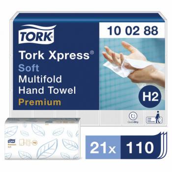 Полотенца бумажные 110 штук, TORK (Система H2) Premium, КОМПЛЕКТ 21 штука, 2-слойные, белые, 21х34, Interfold, 100288 - Премиум Сервис