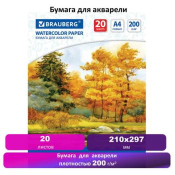 Бумага для акварели А4, 20 л., 200 г/м2, 210х297 мм, BRAUBERG, "Осенний лес", 125226 - Премиум Сервис
