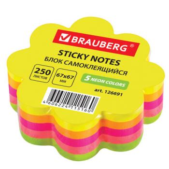 Блок самоклеящийся (стикеры), фигурный, BRAUBERG, НЕОНОВЫЙ "Цветок", 250 листов, 5 цветов, 126691 - Премиум Сервис