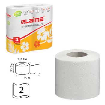 Бумага туалетная бытовая, спайка 4 шт., 2-х слойная, (4х19 м), LAIMA, белая, 126904 - Премиум Сервис