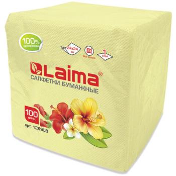 Салфетки бумажные 100 шт., 24х24 см, LAIMA/ЛАЙМА, жёлтые (пастельный цвет), 100% целлюлоза, 126908 - Премиум Сервис
