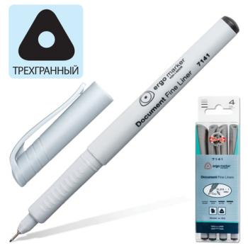 Набор капиллярных ручек (линеров) KOH-I-NOOR 4 шт., ЧЕРНЫЕ, трехгранные, линия письма 0,25/0,5/0,75/1 мм, 777141JD01PK - Премиум Сервис