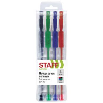 Ручки гелевые с грипом STAFF "EVERYDAY" GP-171, НАБОР 4 ЦВЕТА, узел 0,5 мм, линия письма 0,35 мм, 141826 - Премиум Сервис