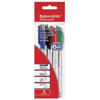Ручки шариковые масляные BRAUBERG, НАБОР 4 шт., АССОРТИ, "Extra Glide", узел 1 мм, линия письма 0,5 мм, 142138 - Премиум Сервис