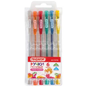 Ручки гелевые ПИФАГОР, НАБОР 6 ЦВЕТОВ, БЛЕСТКИ, корпус прозрачный, узел 0,7 мм, линия письма 0,5 мм, 142796 - Премиум Сервис