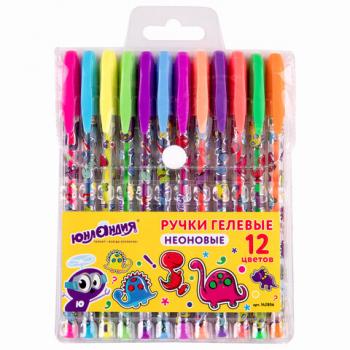Ручки гелевые ЮНЛАНДИЯ, НАБОР 12 ЦВЕТОВ, НЕОН, корпус с печатью, узел 0,7 мм, линия письма 0,5 мм, 142806 - Премиум Сервис