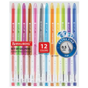 Ручки гелевые BRAUBERG DIAMOND, НАБОР 12 ЦВЕТОВ, узел 0,5 мм, линия письма 0,25 мм, 143377 - Премиум Сервис