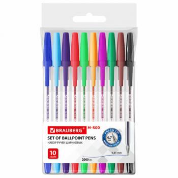 Ручки шариковые BRAUBERG "M-500", НАБОР 10 цветов, АССОРТИ, узел 0,7 мм, линия письма 0,35 мм, 143455 - Премиум Сервис