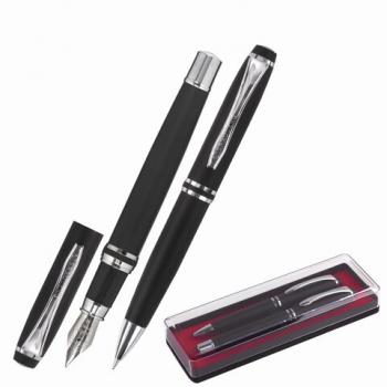 Набор ручек подарочных BRAUBERG Duetto, СИНИЕ, 2 шт: шариковая, перьевая, черный с хромированными деталями, 143478 - Премиум Сервис