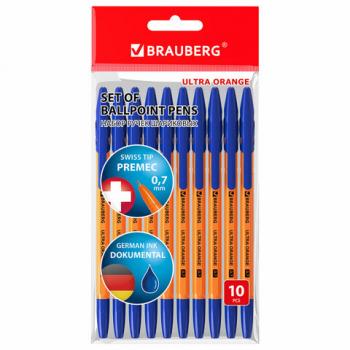 Ручки шариковые BRAUBERG "ULTRA ORANGE", СИНИЕ, НАБОР 10 штук, корпус оранжевый, узел 0,7 мм, 143571 - Премиум Сервис