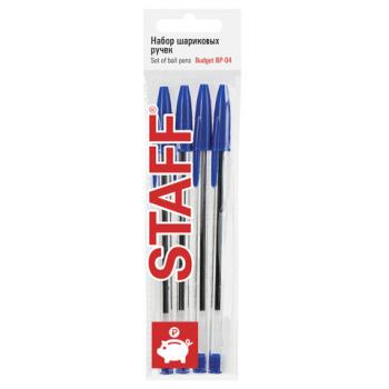 Ручки шариковые STAFF "Basic Budget BP-04", НАБОР 4 штуки, СИНИЕ, линия письма 0,5 мм, 143873 - Премиум Сервис