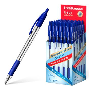 Ручка шариковая автоматическая с грипом ERICH KRAUSE "R-301 Classic", СИНЯЯ, 1,0 мм, линия письма 0,5 мм, 46758 - Премиум Сервис