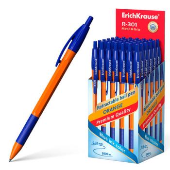 Ручка шариковая автоматическая с грипом ERICH KRAUSE "R-301 Orange", СИНЯЯ, 1,0 мм, линия письма 0,5 мм, 46762 - Премиум Сервис