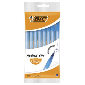 Ручки шариковые BIC "Round Stic", НАБОР 8 шт., СИНИЕ, узел 1 мм, линия письма 0,32 мм, пакет, 928497 - Премиум Сервис