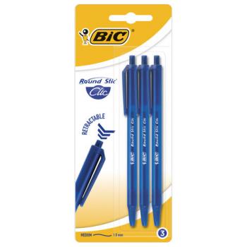 Ручки шариковые автоматические BIC "Round Stic Clic", НАБОР 3 шт., СИНИЕ, линия письма 0,32 мм, блистер, 926374 - Премиум Сервис
