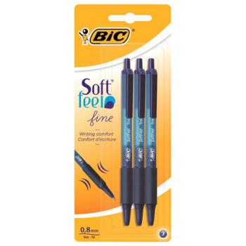 Ручки шариковые автоматические с грипом BIC "Soft Feel Fine", НАБОР 3 шт., линия письма 0,8 мм, блистер, 893221 - Премиум Сервис